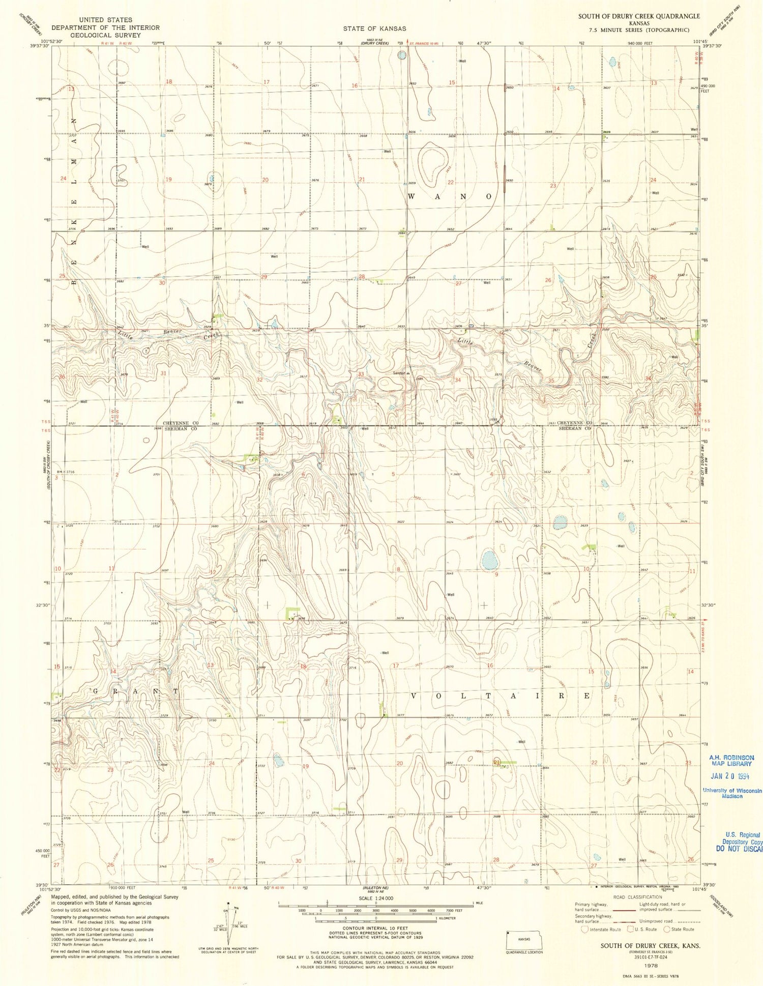 Classic USGS South of Drury Creek Kansas 7.5'x7.5' Topo Map Image