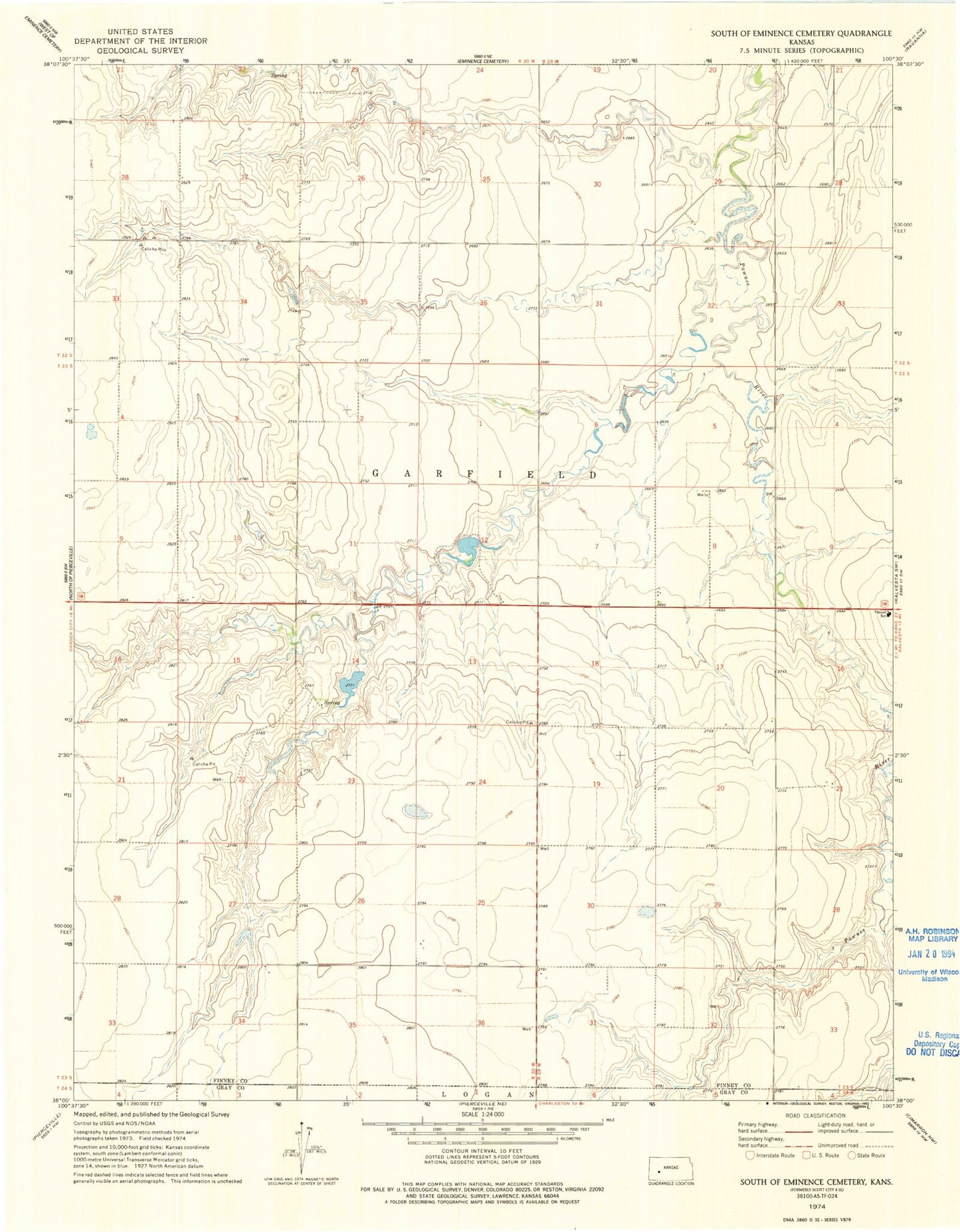Classic USGS South of Eminence Cemetery Kansas 7.5'x7.5' Topo Map Image