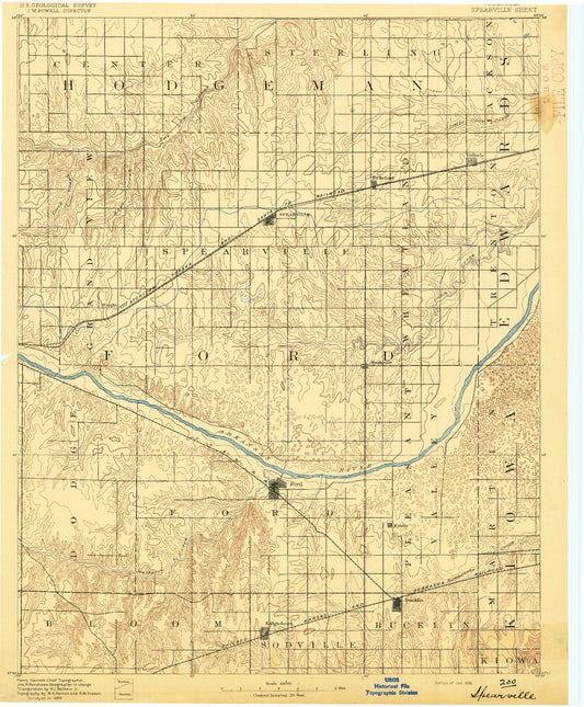 Historic 1892 Spearville Kansas 30'x30' Topo Map Image