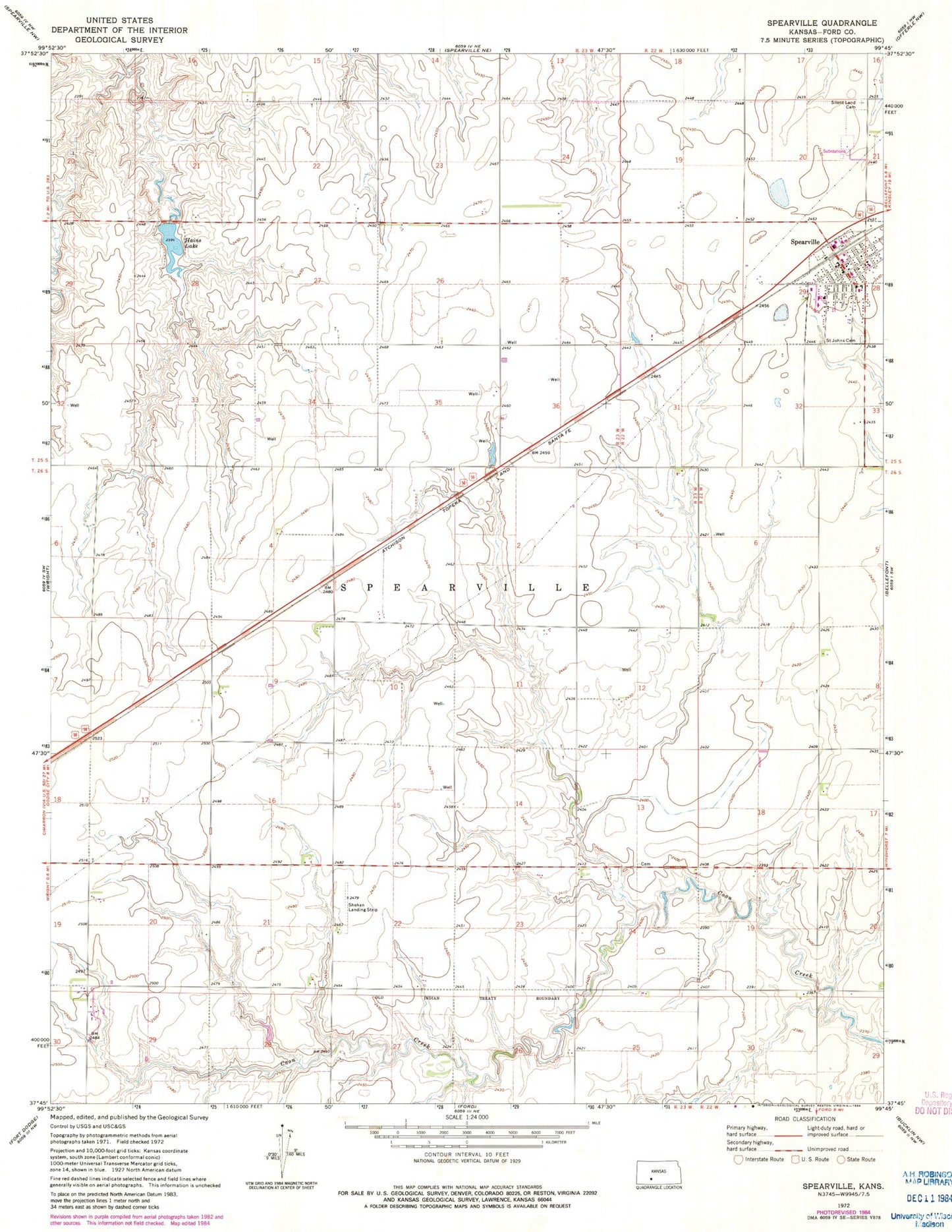 Classic USGS Spearville Kansas 7.5'x7.5' Topo Map Image