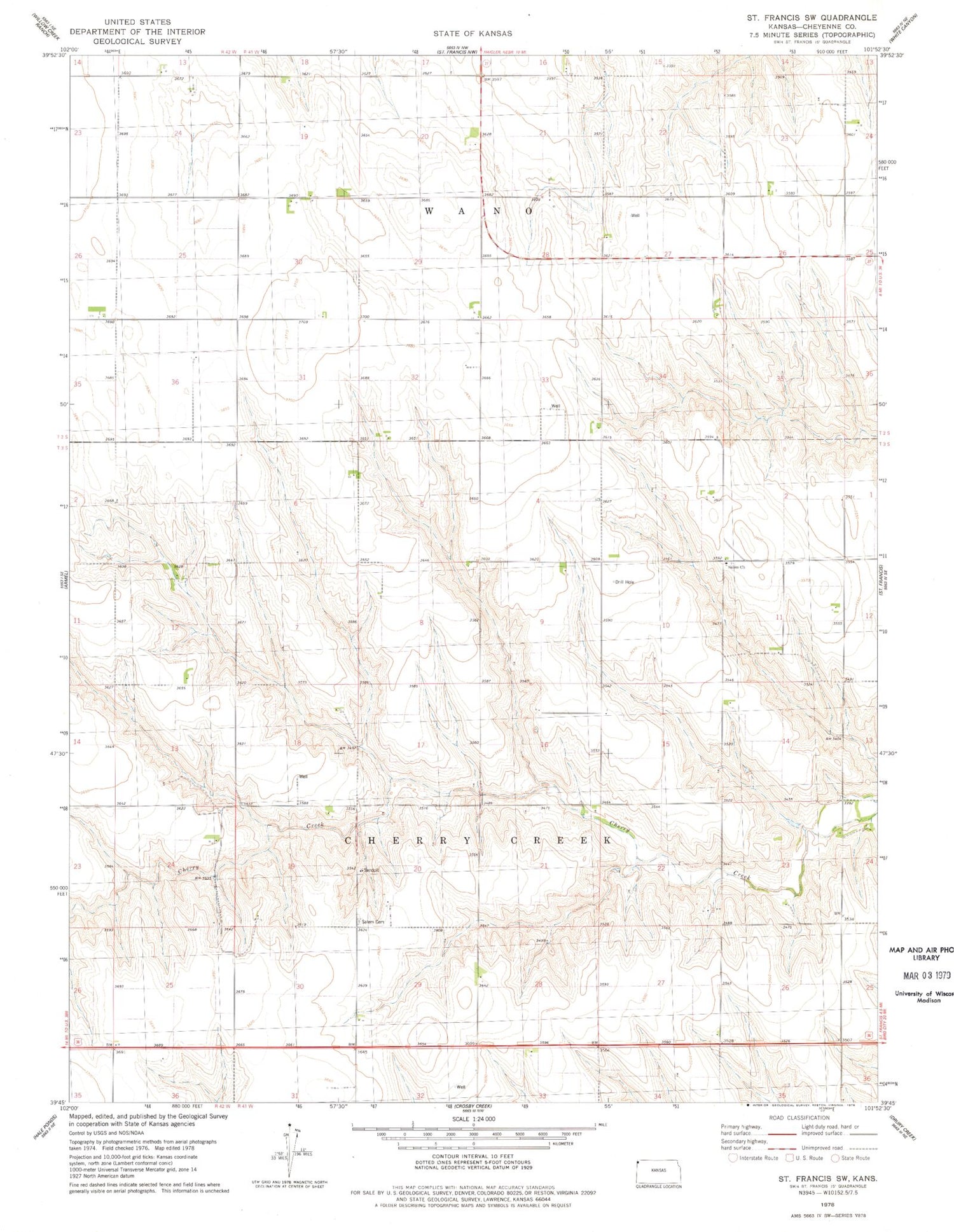Classic USGS Saint Francis SW Kansas 7.5'x7.5' Topo Map Image