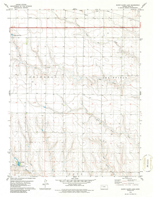 Classic USGS Sunny Slope Lake Kansas 7.5'x7.5' Topo Map Image