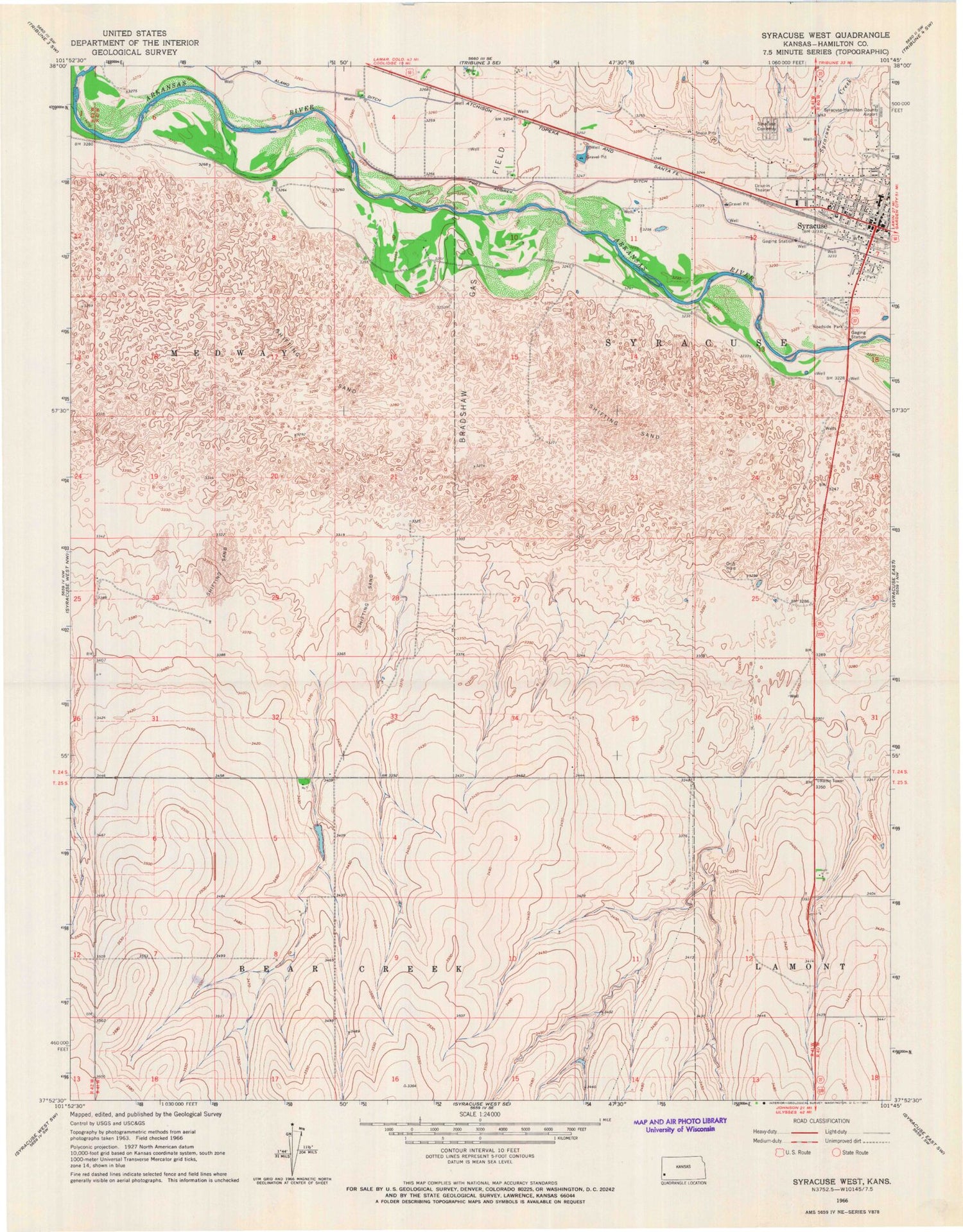 Classic USGS Syracuse West Kansas 7.5'x7.5' Topo Map Image