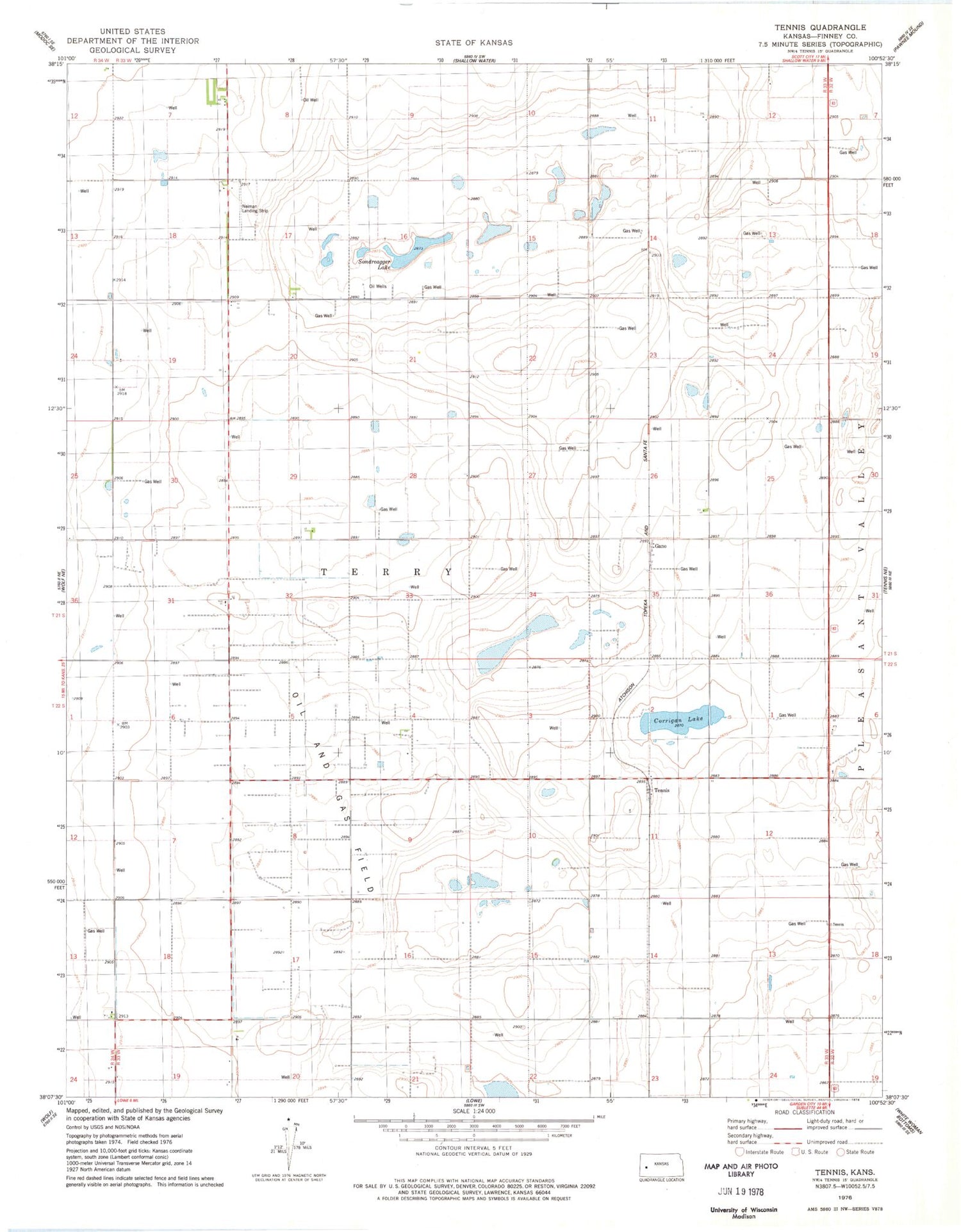 Classic USGS Tennis Kansas 7.5'x7.5' Topo Map Image