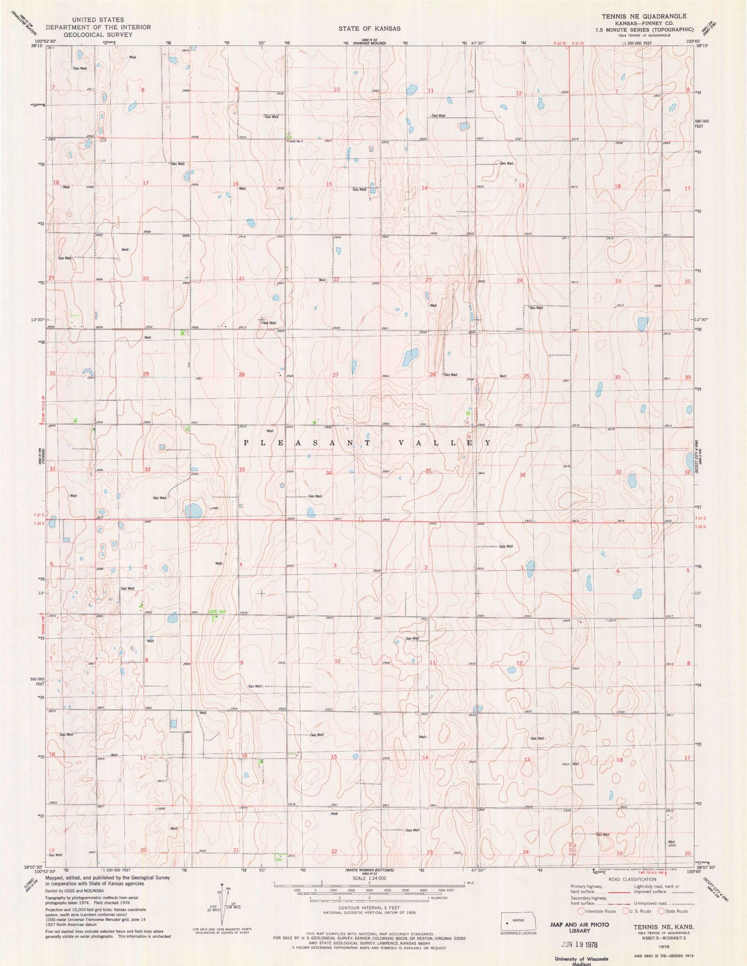Classic USGS Tennis NE Kansas 7.5'x7.5' Topo Map Image