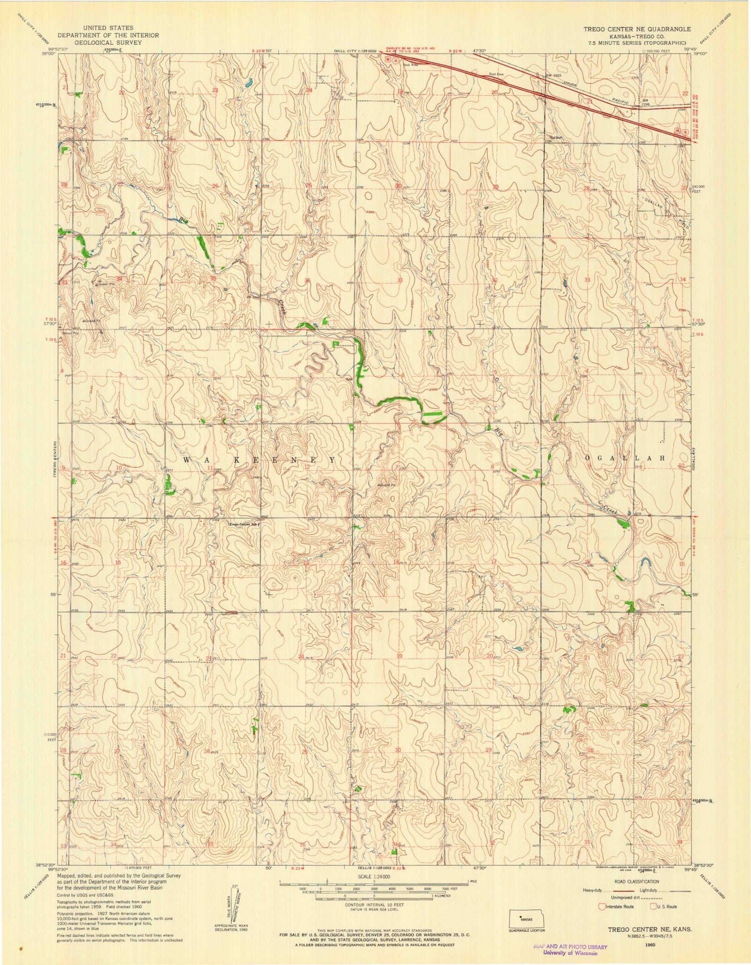 Classic USGS Trego Center NE Kansas 7.5'x7.5' Topo Map Image