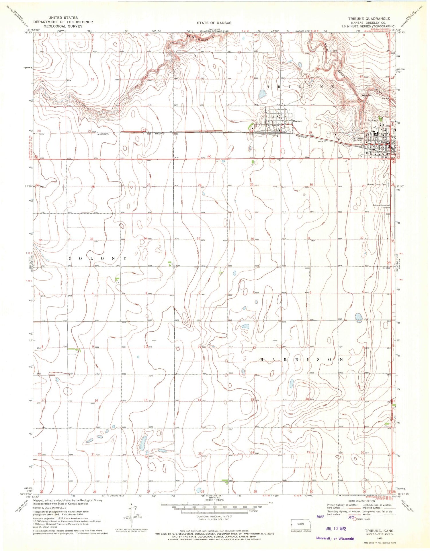 Classic USGS Tribune Kansas 7.5'x7.5' Topo Map Image