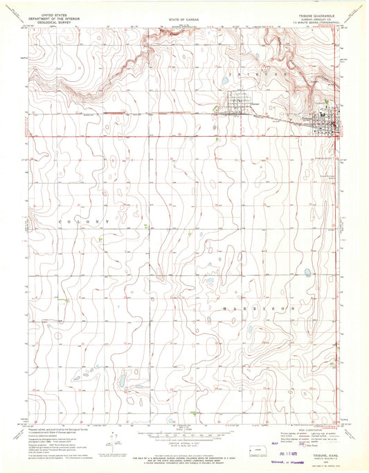 Classic USGS Tribune Kansas 7.5'x7.5' Topo Map Image