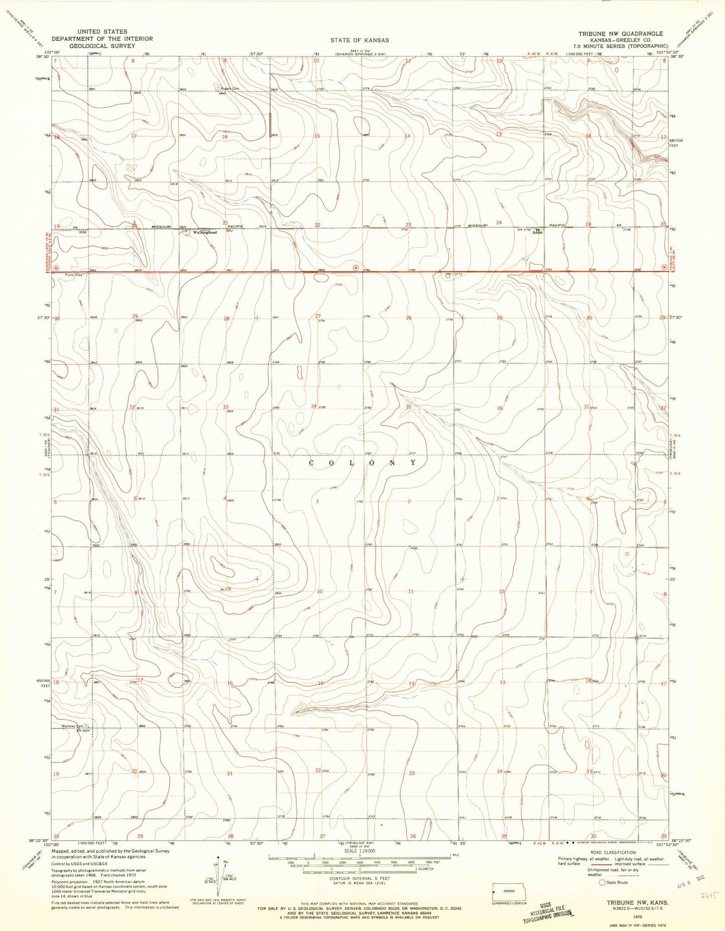 Classic USGS Tribune NW Kansas 7.5'x7.5' Topo Map Image