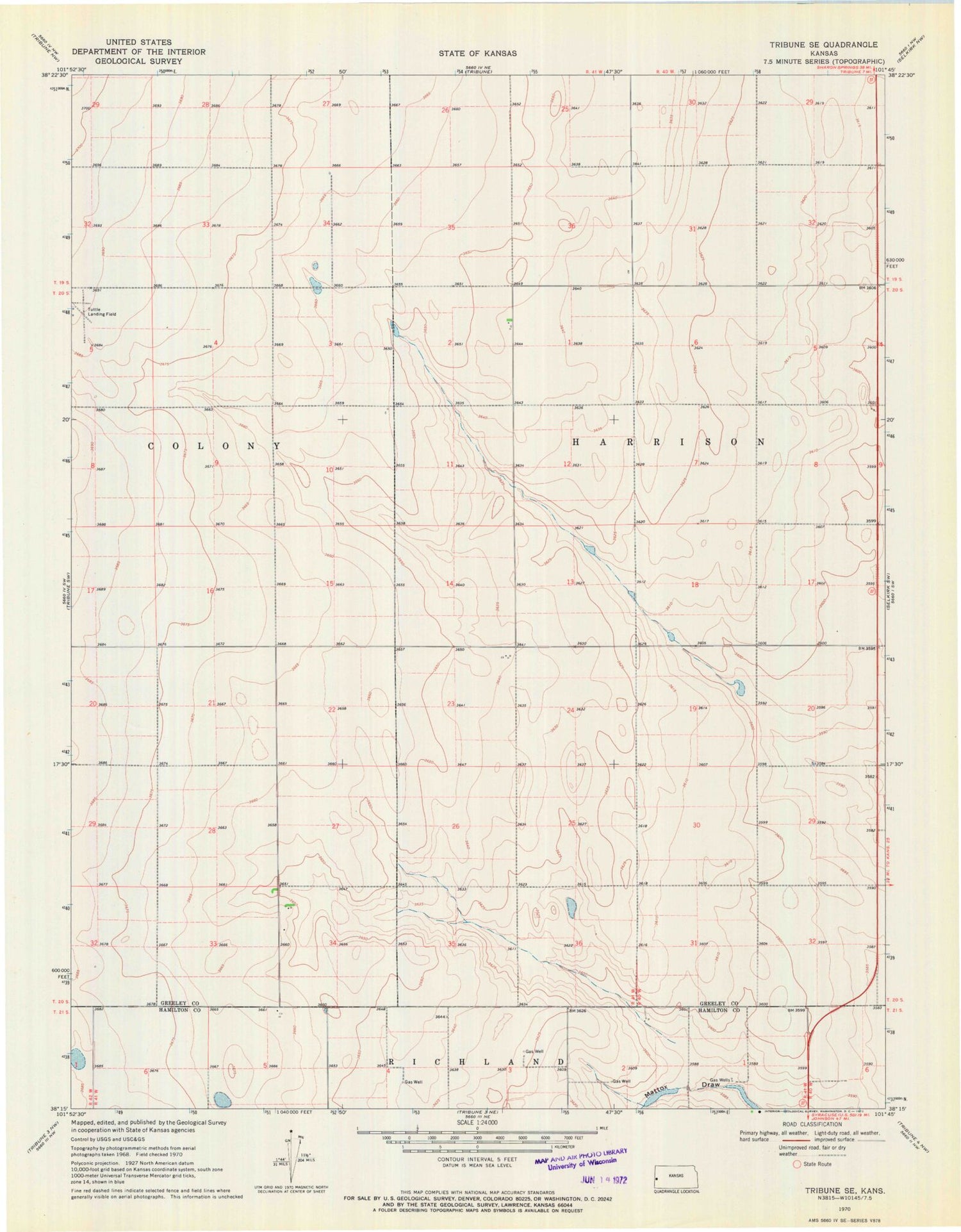 Classic USGS Tribune SE Kansas 7.5'x7.5' Topo Map Image