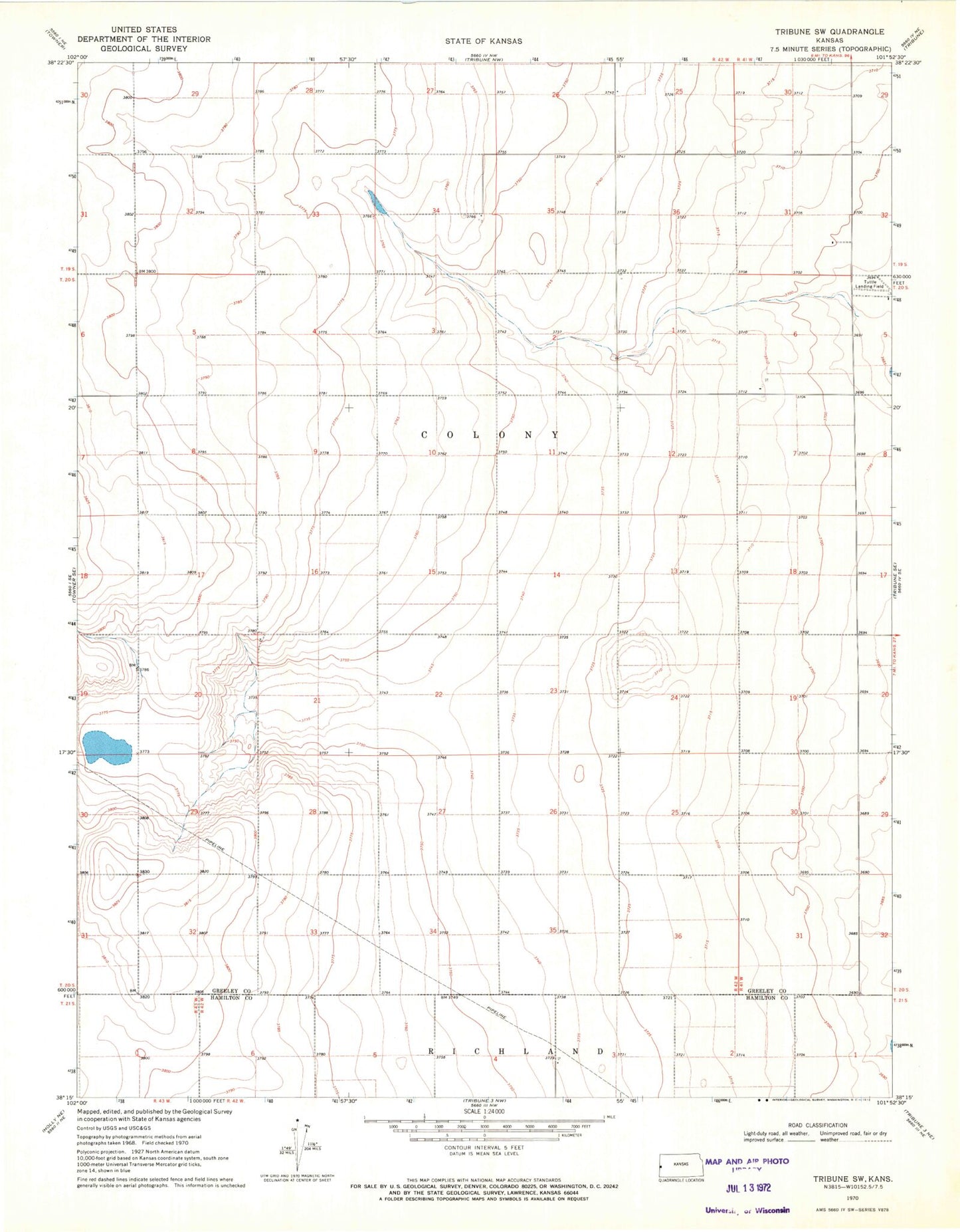 Classic USGS Tribune SW Kansas 7.5'x7.5' Topo Map Image