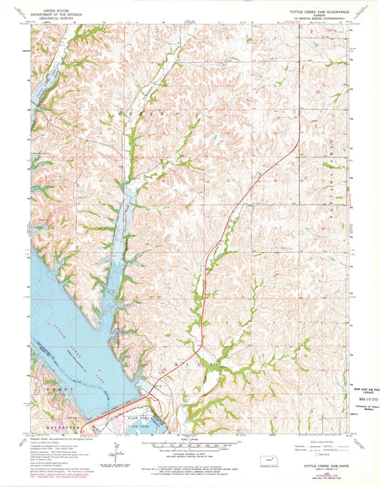 Classic USGS Tuttle Creek Dam Kansas 7.5'x7.5' Topo Map Image