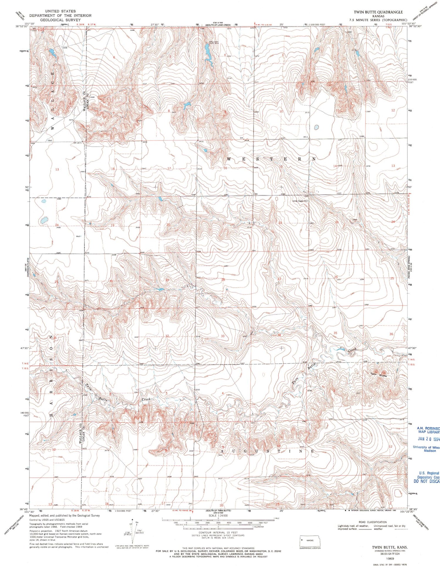Classic USGS Twin Butte Kansas 7.5'x7.5' Topo Map Image