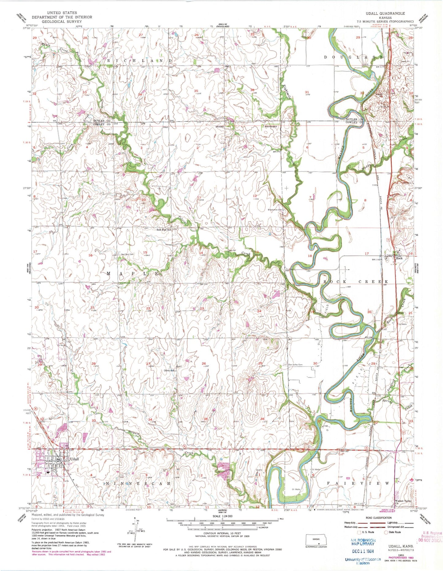 Classic USGS Udall Kansas 7.5'x7.5' Topo Map Image