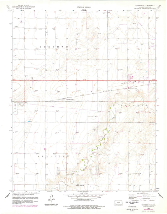 Classic USGS Ulysses SW Kansas 7.5'x7.5' Topo Map Image