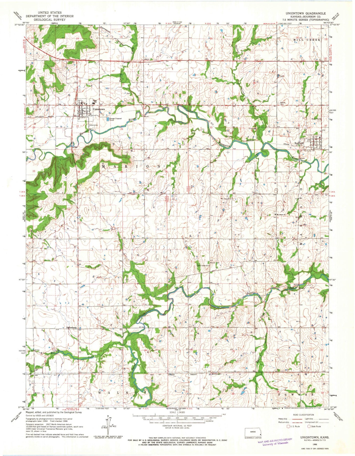 Classic USGS Uniontown Kansas 7.5'x7.5' Topo Map Image