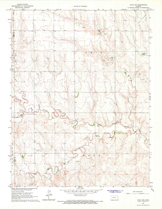 Classic USGS Utica SW Kansas 7.5'x7.5' Topo Map Image