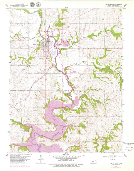 Classic USGS Valley Falls Kansas 7.5'x7.5' Topo Map Image