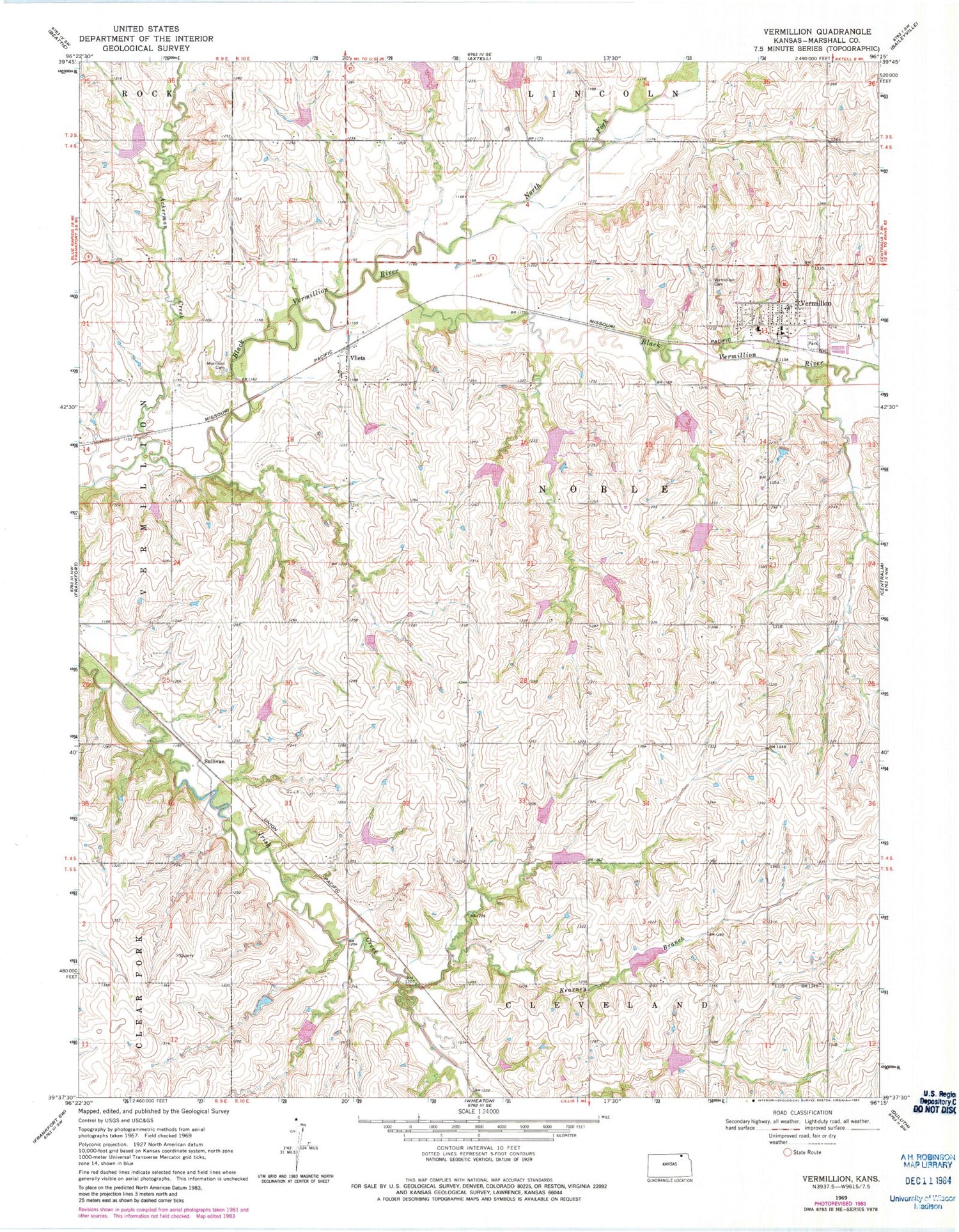 Classic USGS Vermillion Kansas 7.5'x7.5' Topo Map Image