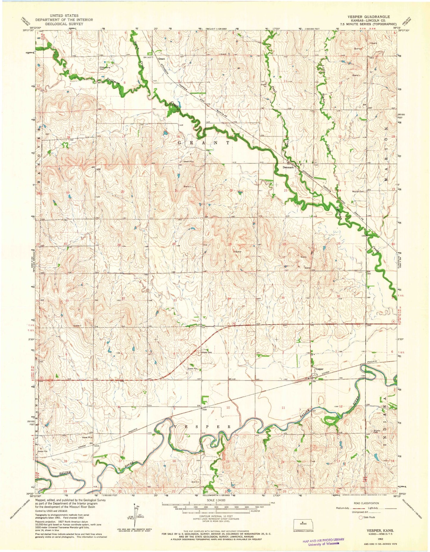 Classic USGS Vesper Kansas 7.5'x7.5' Topo Map Image