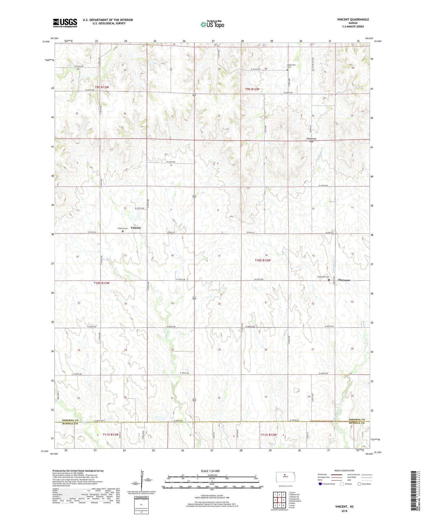 Vincent Kansas US Topo Map Image