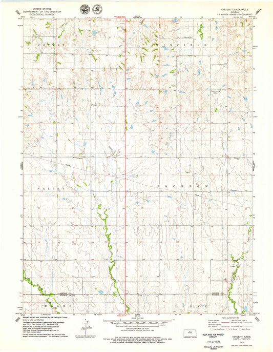 Classic USGS Vincent Kansas 7.5'x7.5' Topo Map Image