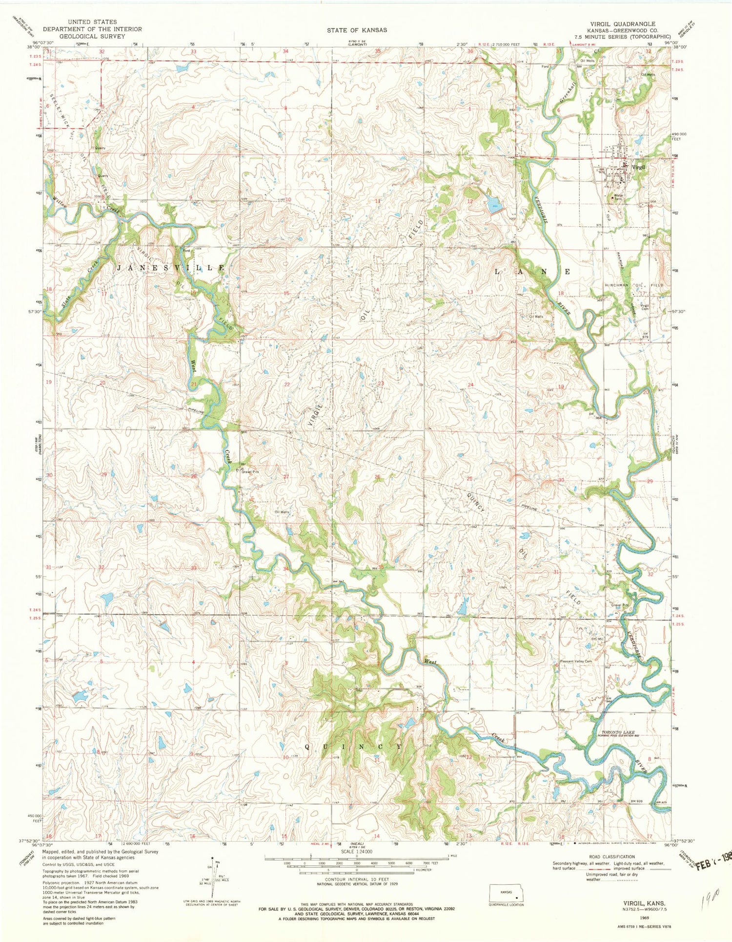 Classic USGS Virgil Kansas 7.5'x7.5' Topo Map Image