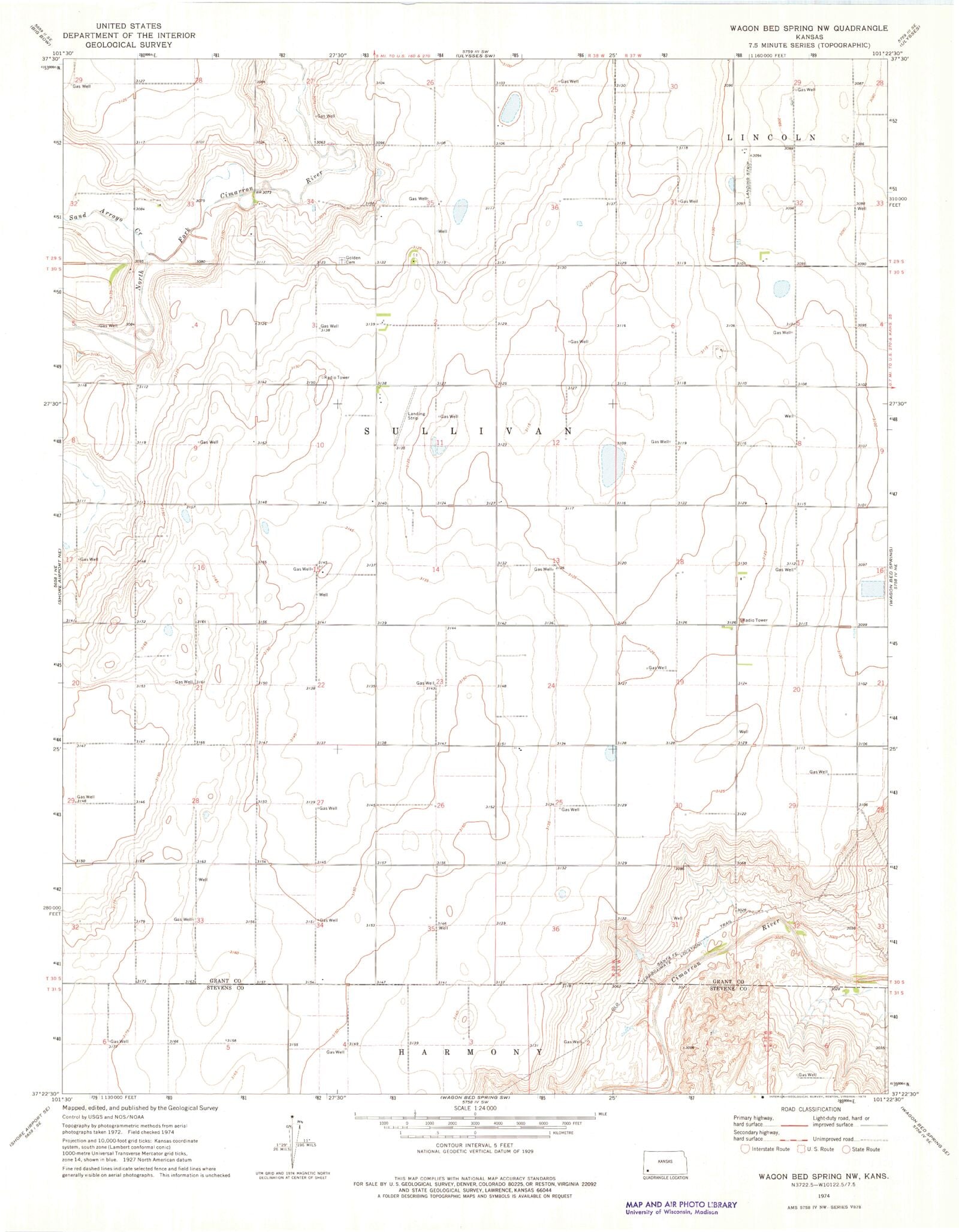 Classic USGS Wagon Bed Spring NW Kansas 7.5'x7.5' Topo Map MyTopo Map