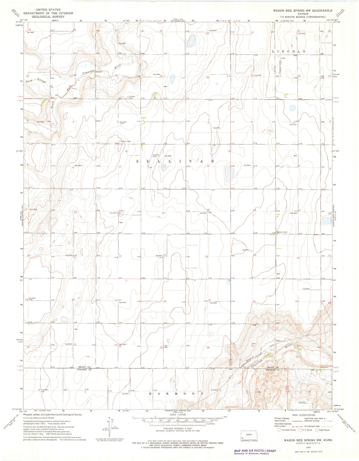 Classic USGS Wagon Bed Spring NW Kansas 7.5'x7.5' Topo Map Image