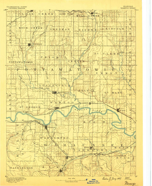 Historic 1889 Wamego Kansas 30'x30' Topo Map Image