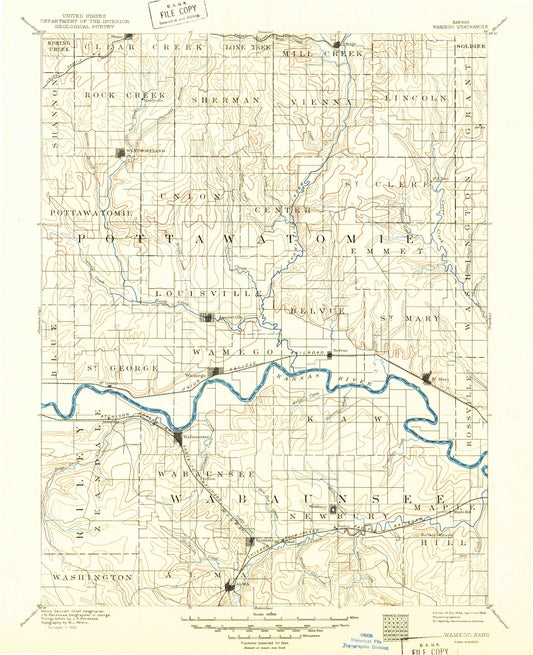 Historic 1894 Wamego Kansas 30'x30' Topo Map Image