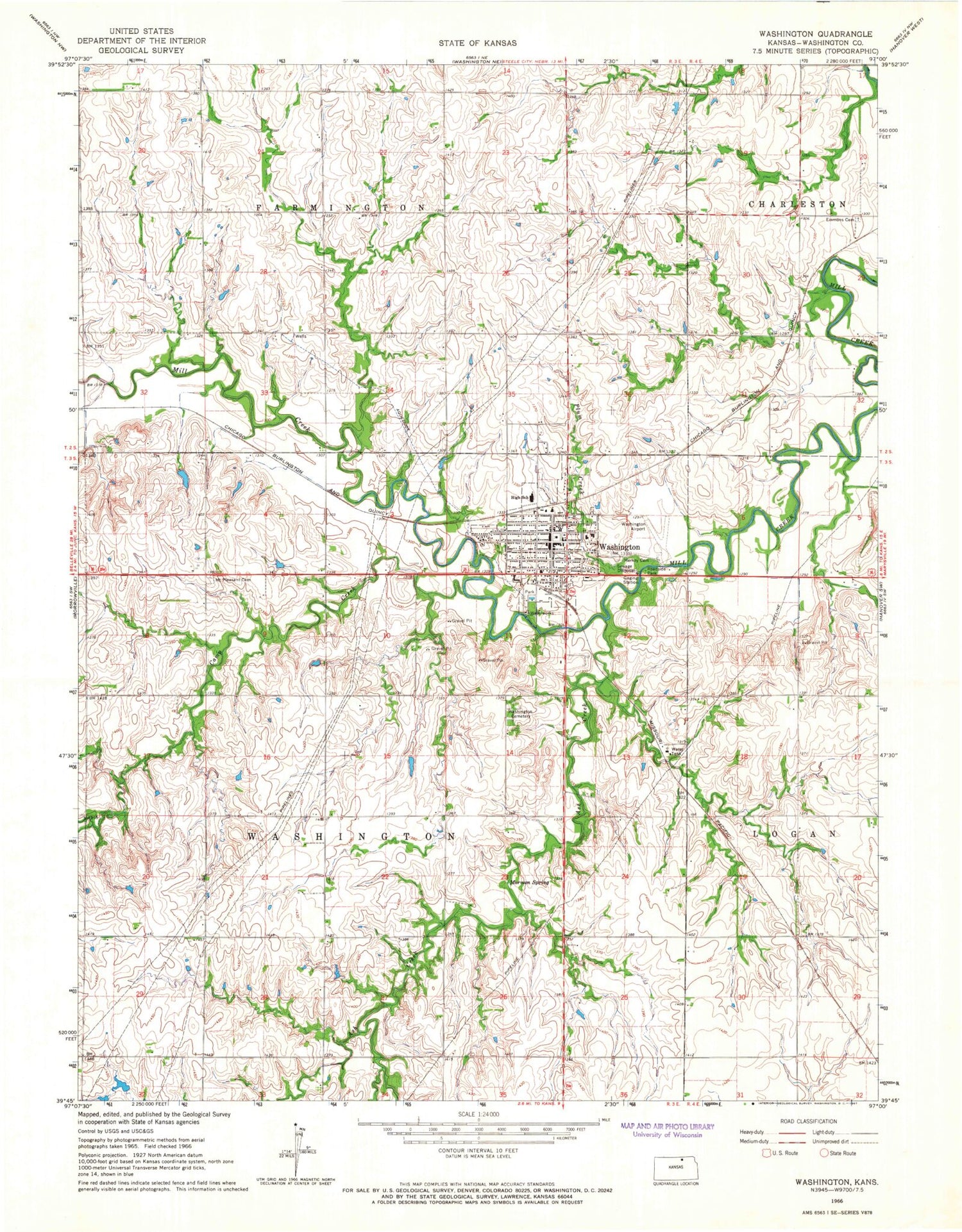 Classic USGS Washington Kansas 7.5'x7.5' Topo Map Image