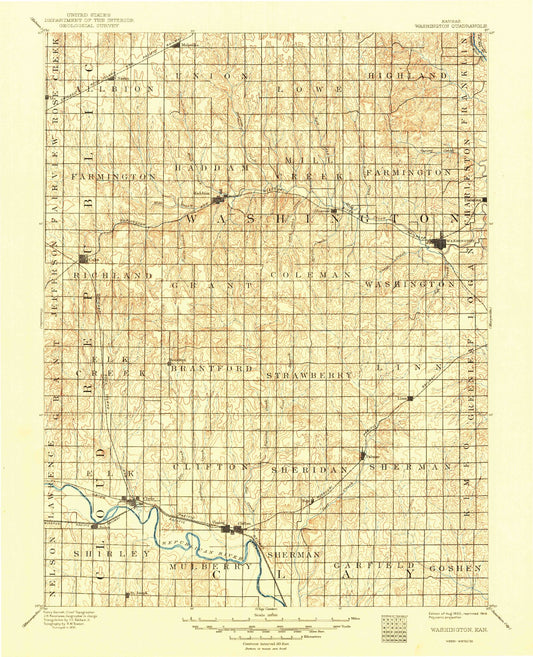 Historic 1893 Washington Kansas 30'x30' Topo Map Image
