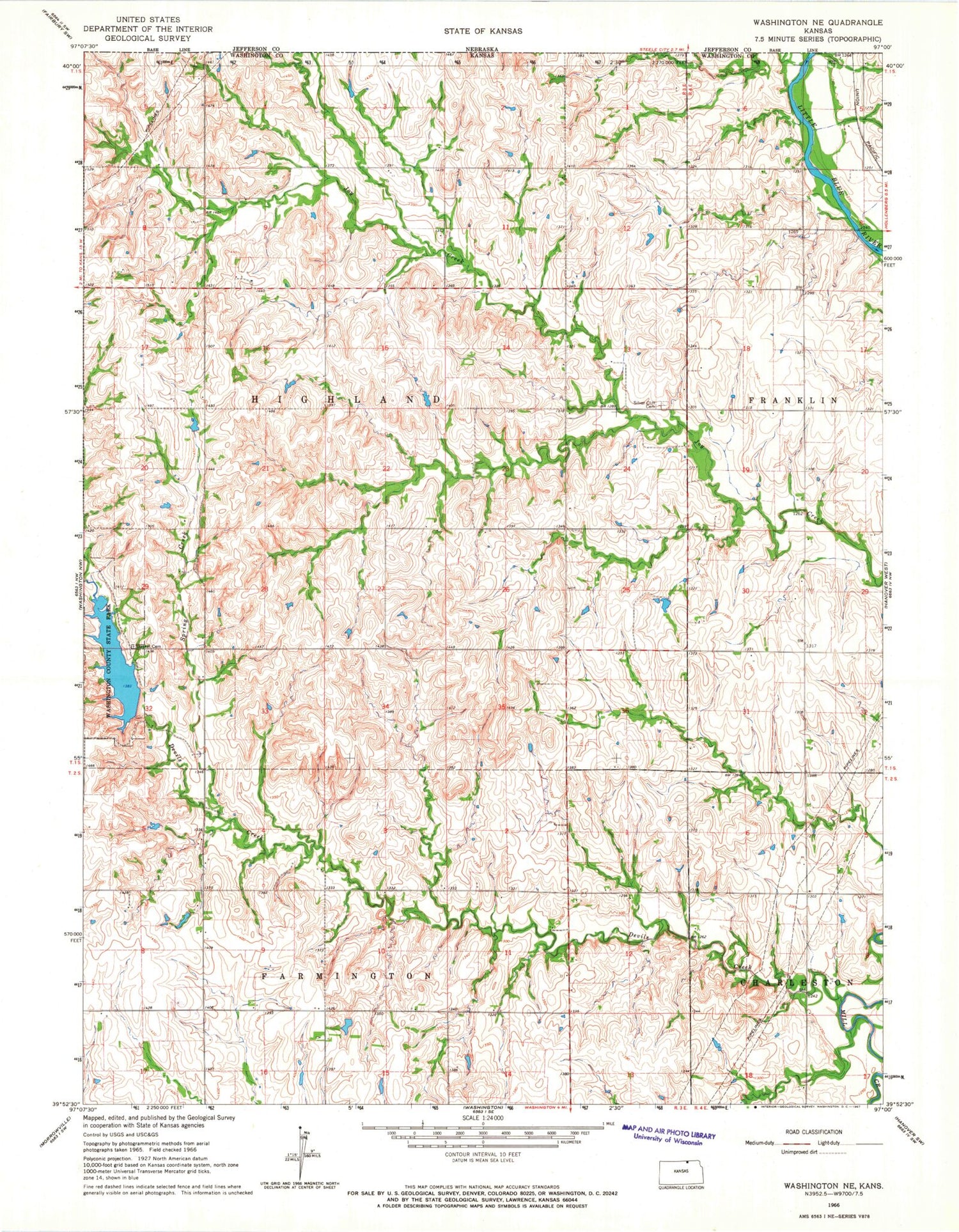 Classic USGS Washington NE Kansas 7.5'x7.5' Topo Map Image