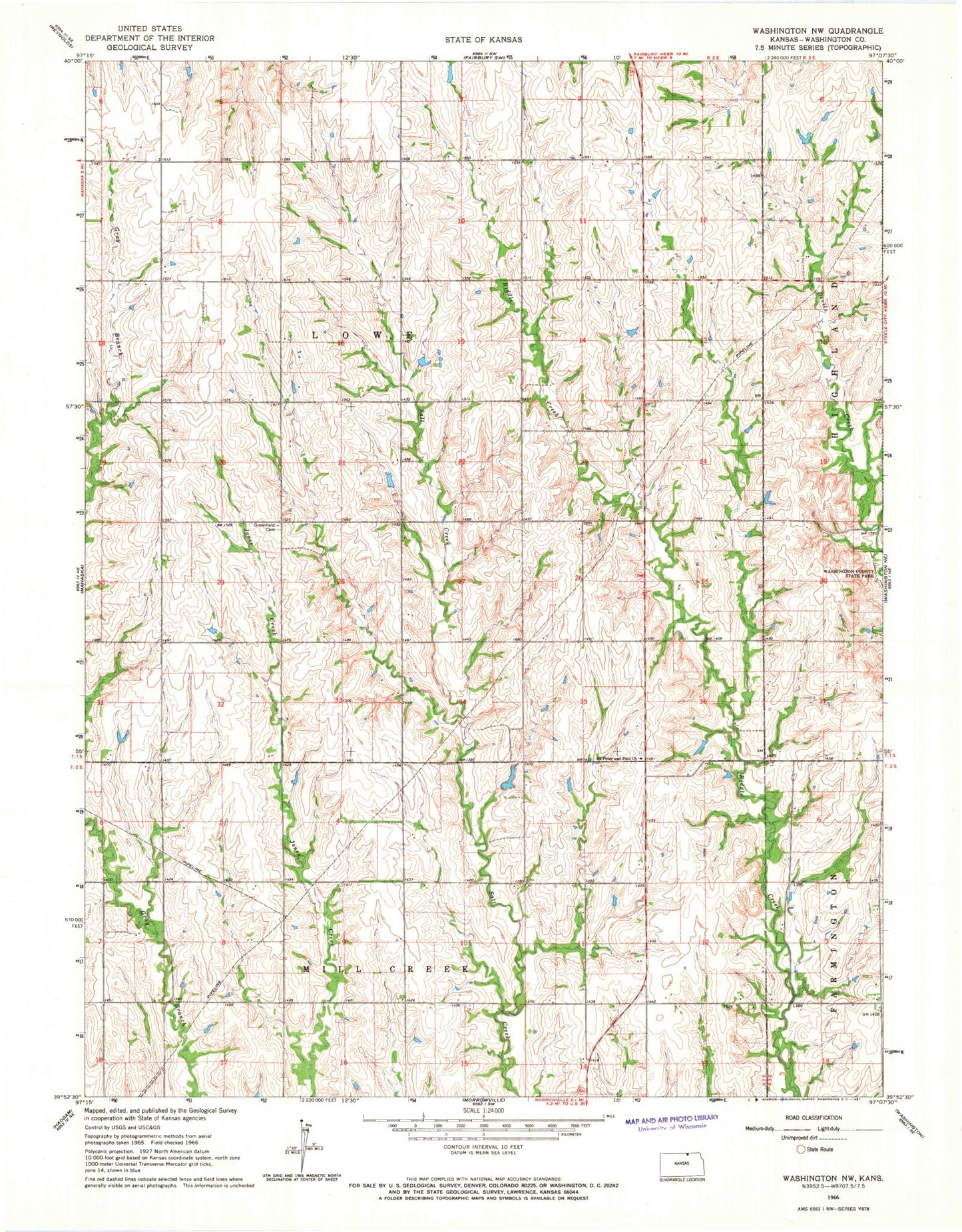 Classic USGS Washington NW Kansas 7.5'x7.5' Topo Map Image