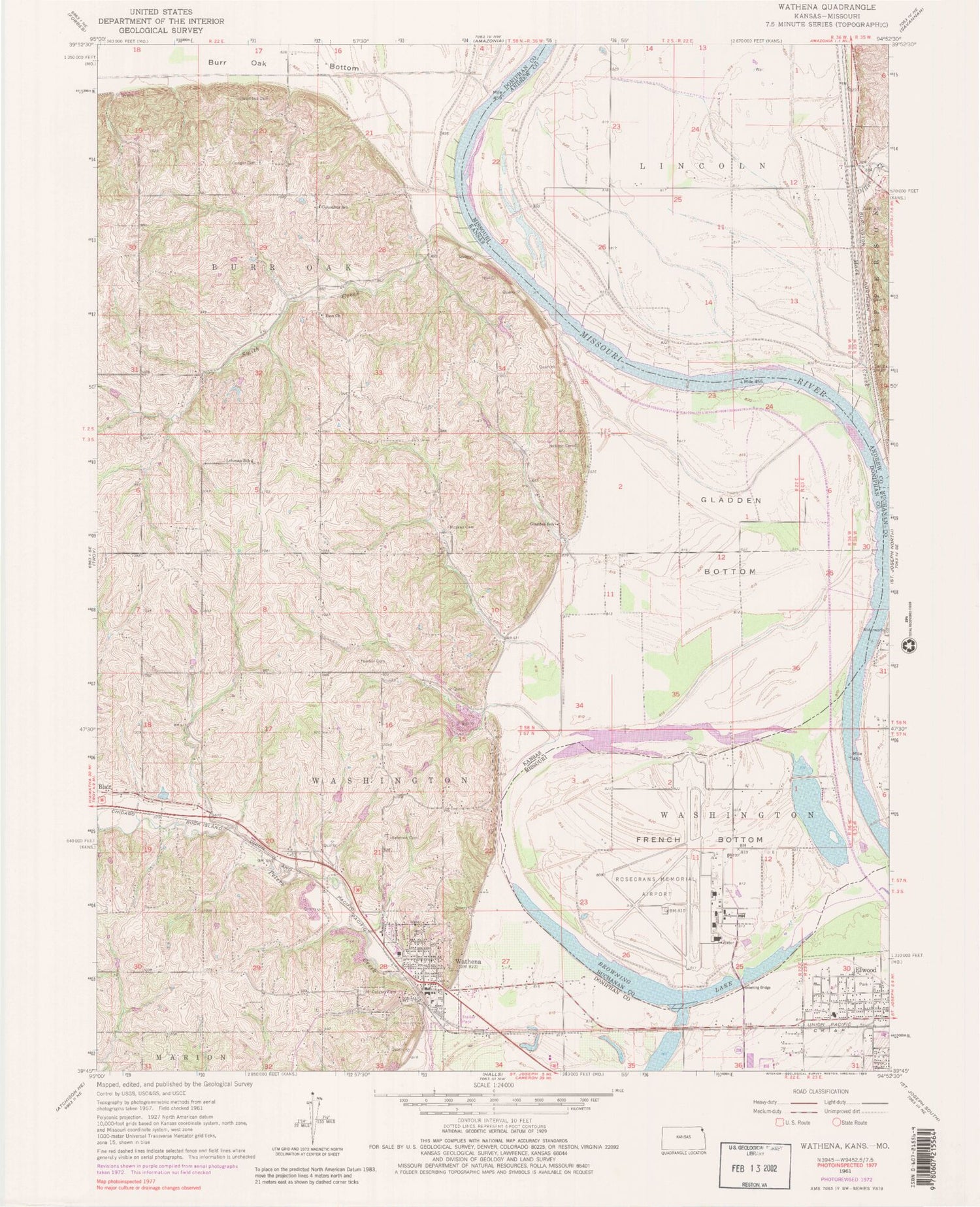 Classic USGS Wathena Kansas 7.5'x7.5' Topo Map Image