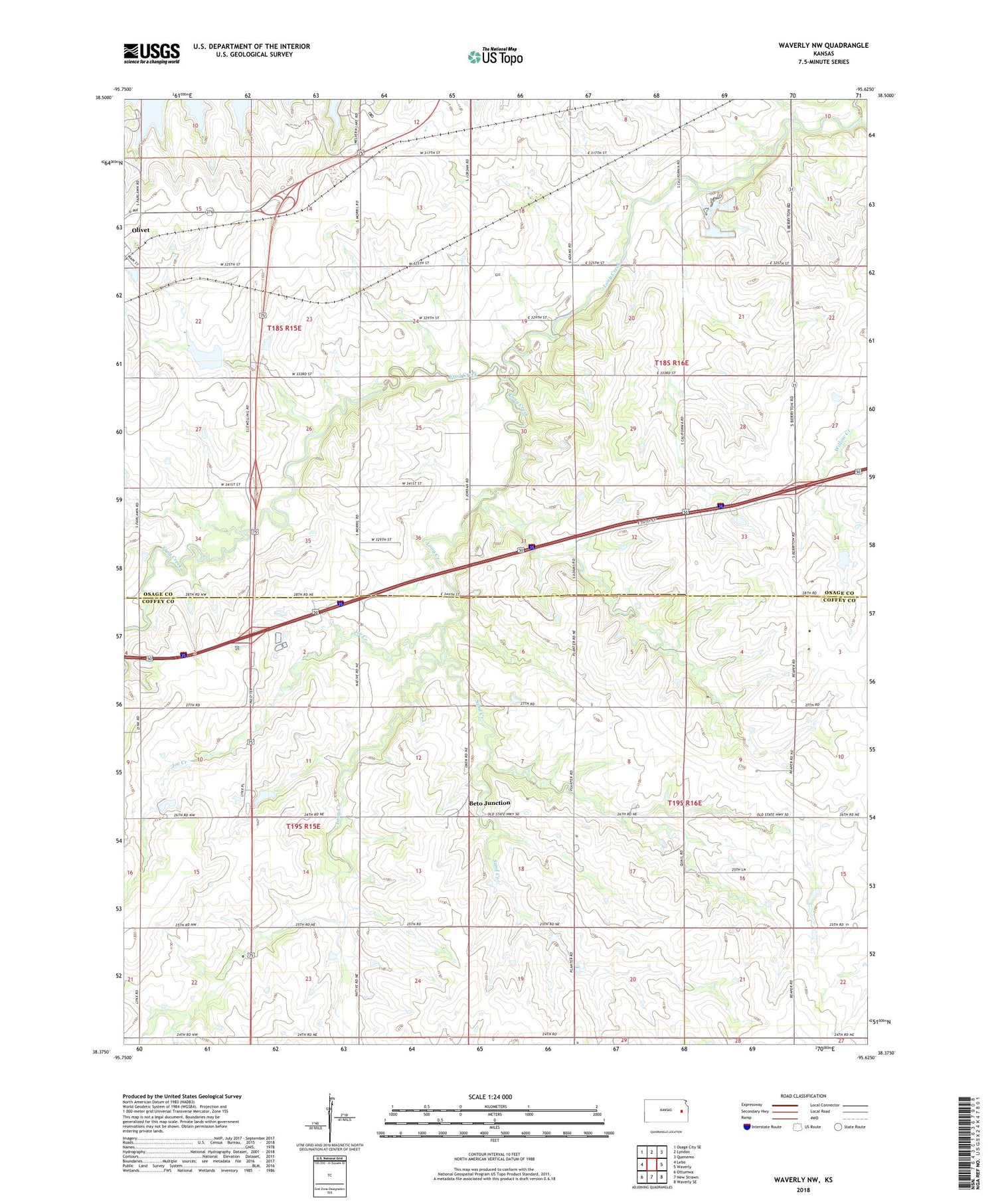 Waverly NW Kansas US Topo Map Image