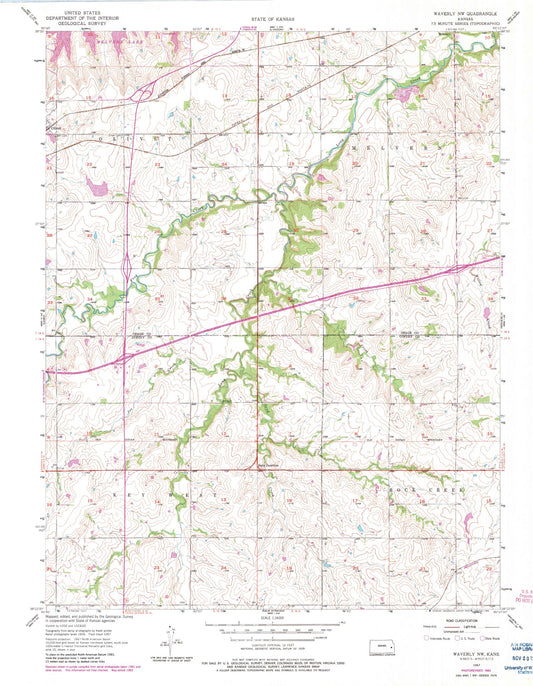 Classic USGS Waverly NW Kansas 7.5'x7.5' Topo Map Image
