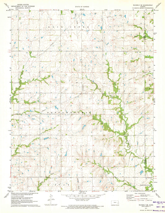 Classic USGS Waverly SE Kansas 7.5'x7.5' Topo Map Image
