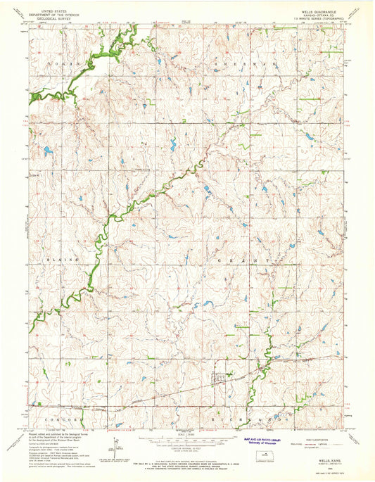 Classic USGS Wells Kansas 7.5'x7.5' Topo Map Image