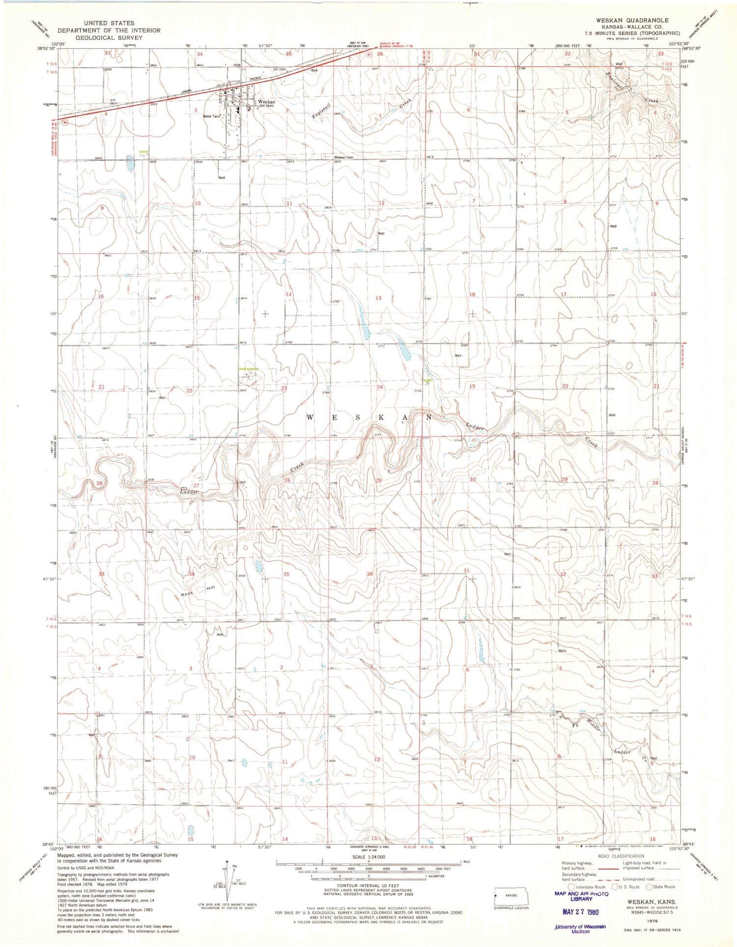 Classic USGS Weskan Kansas 7.5'x7.5' Topo Map Image