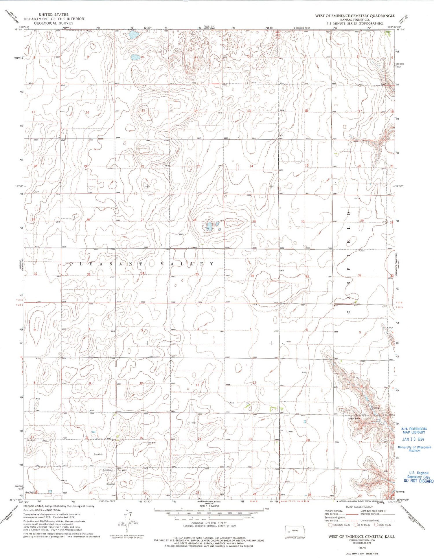 Classic USGS West of Eminence Cemetery Kansas 7.5'x7.5' Topo Map Image
