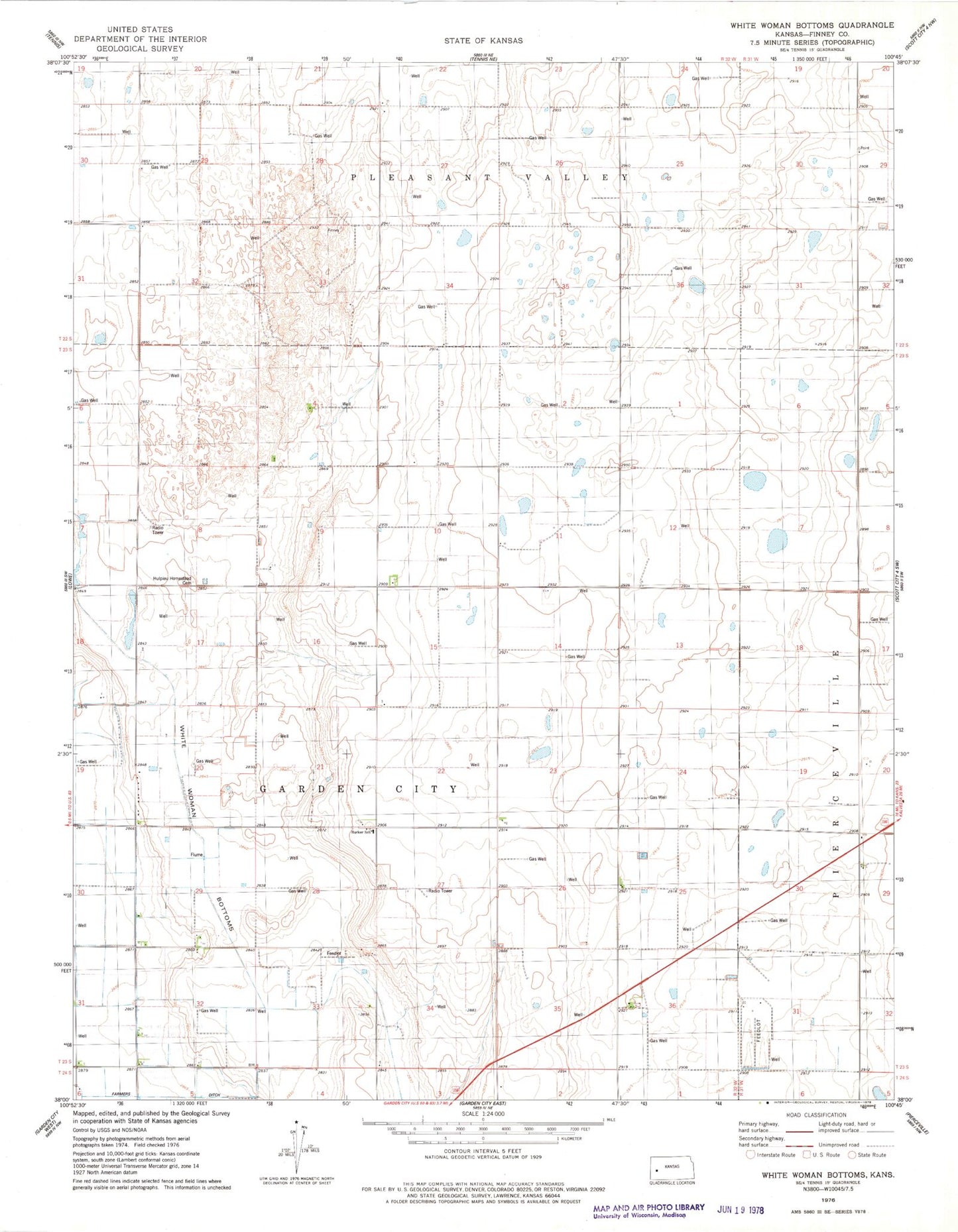 Classic USGS White Woman Bottoms Kansas 7.5'x7.5' Topo Map Image