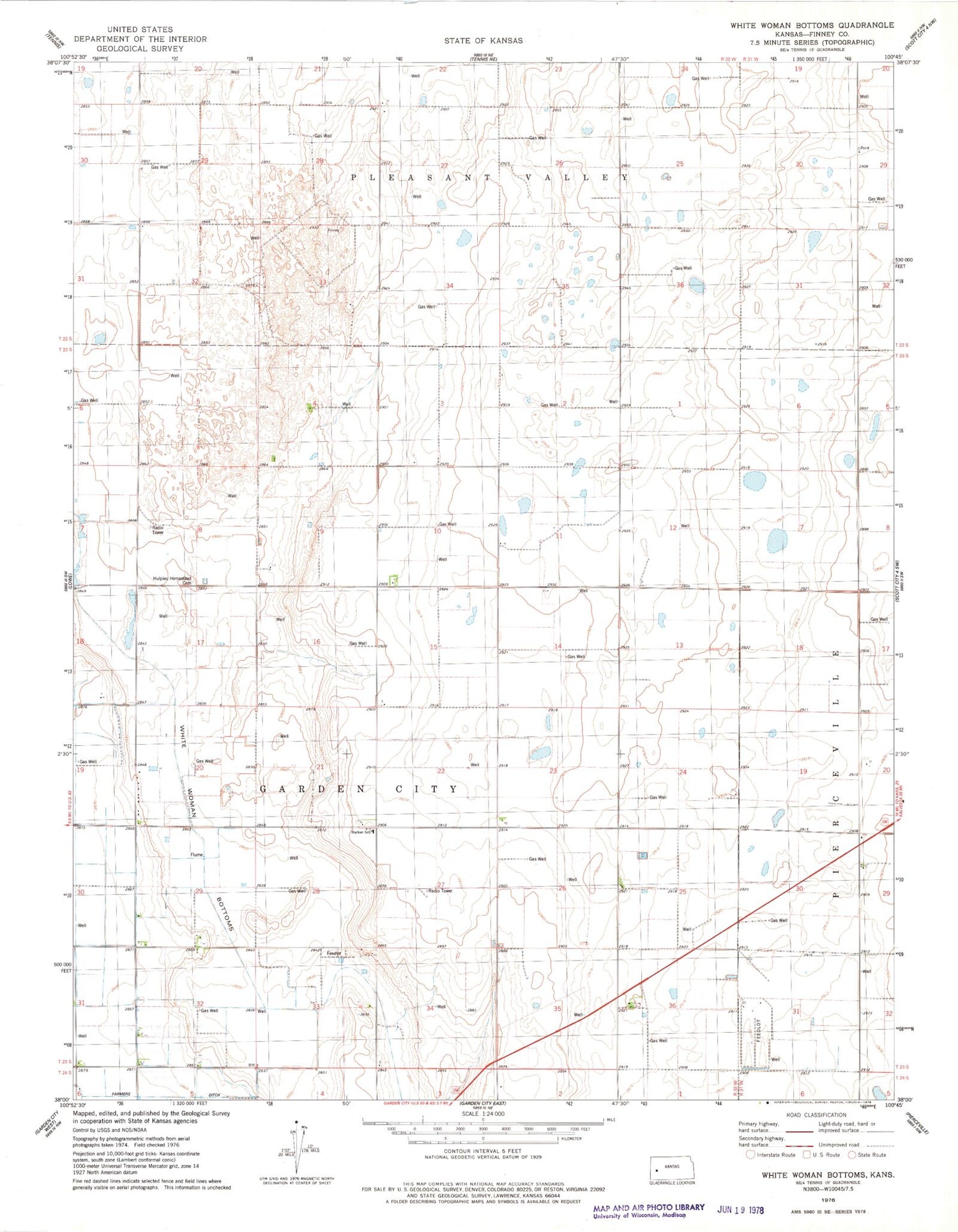 Classic USGS White Woman Bottoms Kansas 7.5'x7.5' Topo Map Image