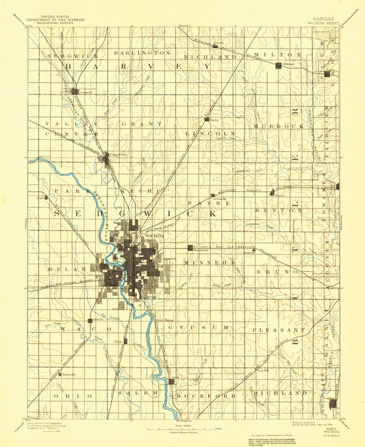 Historic 1894 Wichita Kansas 30'x30' Topo Map Image