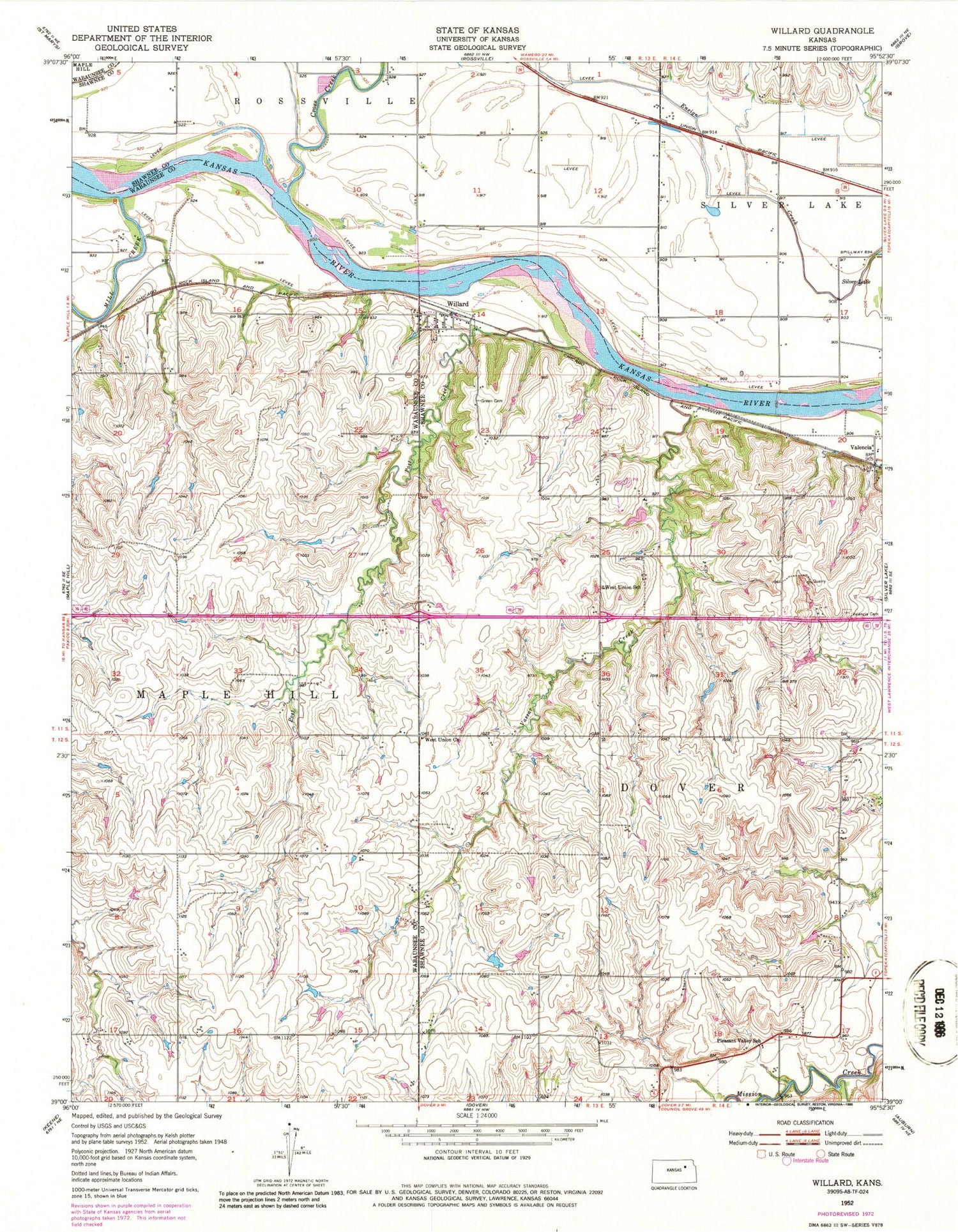 Classic USGS Willard Kansas 7.5'x7.5' Topo Map Image