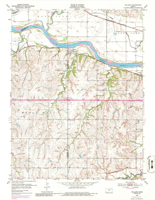 Classic USGS Willard Kansas 7.5'x7.5' Topo Map Image