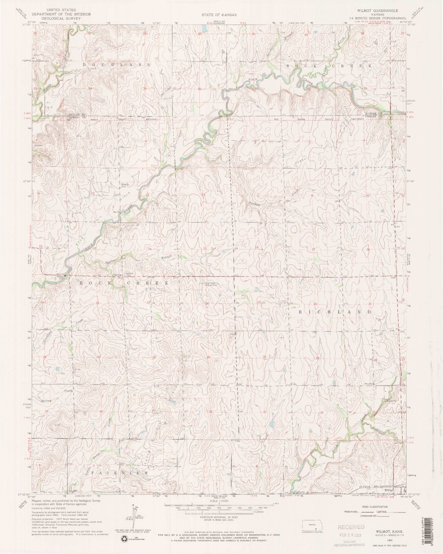 Classic USGS Wilmot Kansas 7.5'x7.5' Topo Map Image