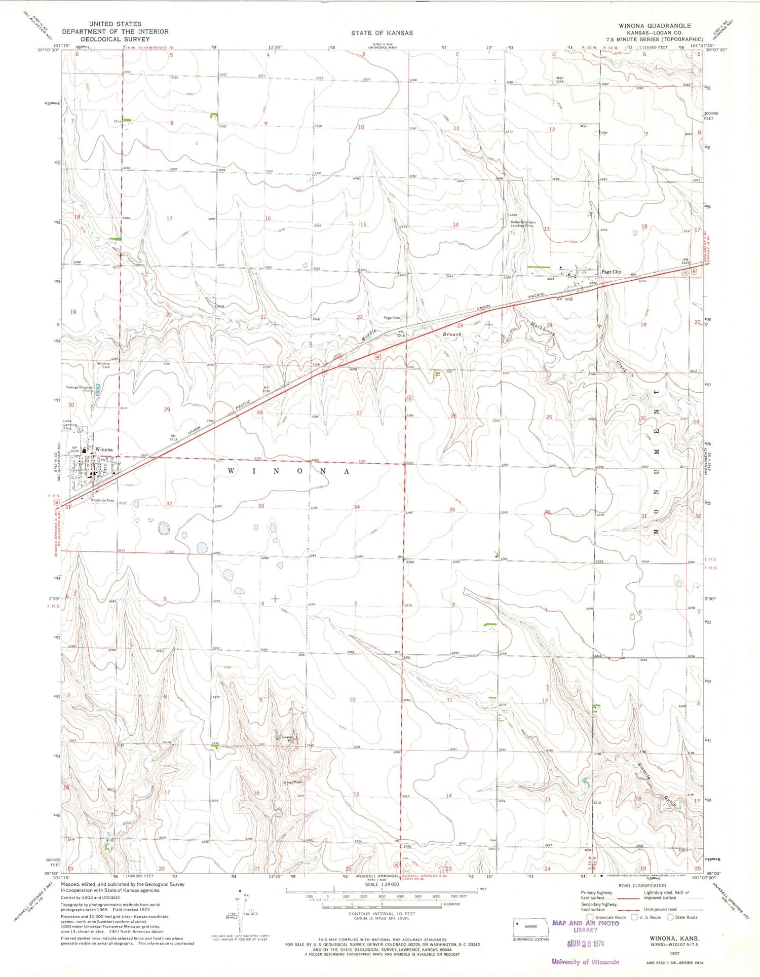 Classic USGS Winona Kansas 7.5'x7.5' Topo Map Image