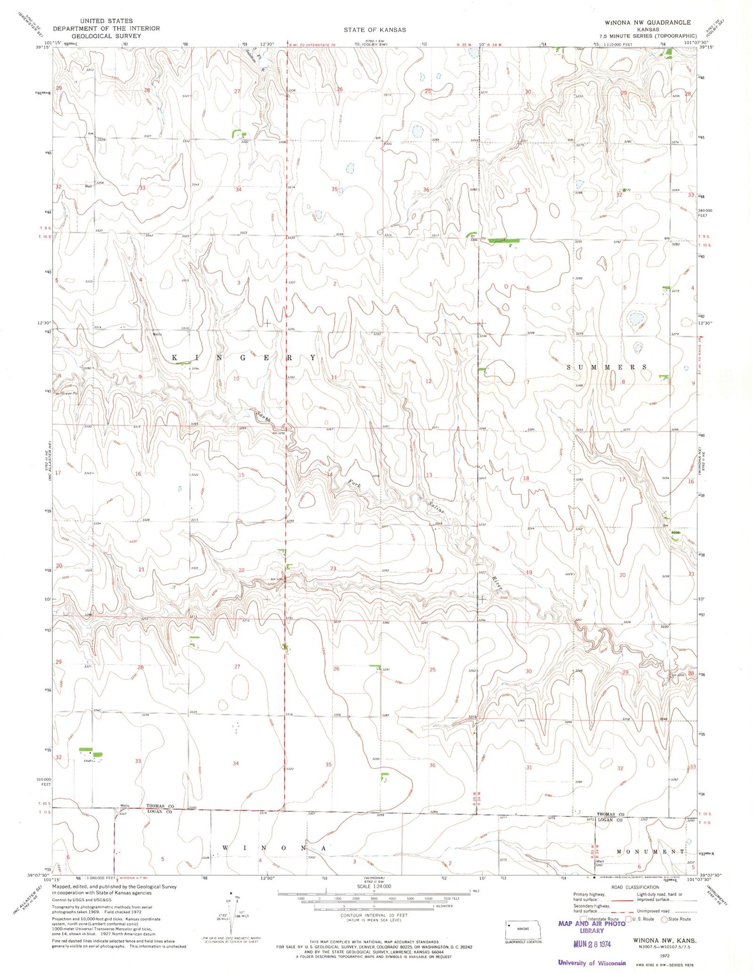 Classic USGS Winona NW Kansas 7.5'x7.5' Topo Map Image